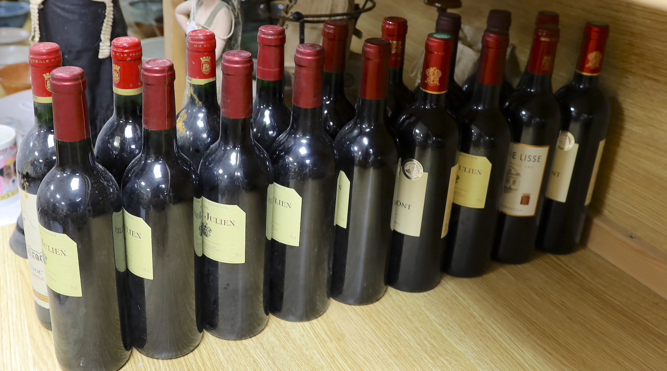 Eighteen bottles of assorted red wine, to include five Saint Julien 2008, three Grand Listrac 1990, two Rosso di Montalcino 1995, and others